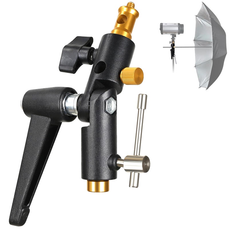 Konseen Camera Flash Shoe Bracket H Type Mounts with Multi Functional Umbrella Reflector Insert Hole Holder,180Â° Adjustable Light Stand Mount Adapter with 1/4" & 3/8" Female Screw for Photography Studio - Image 1
